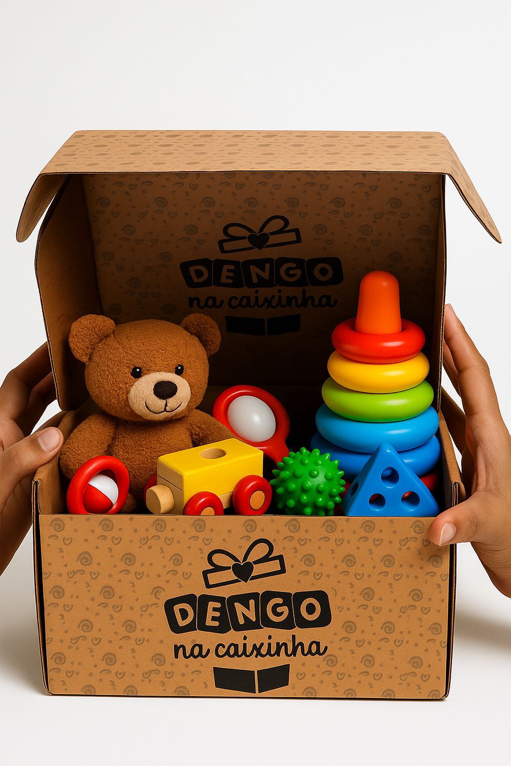 Caixinha Dengo aberta com brinquedos educativos
