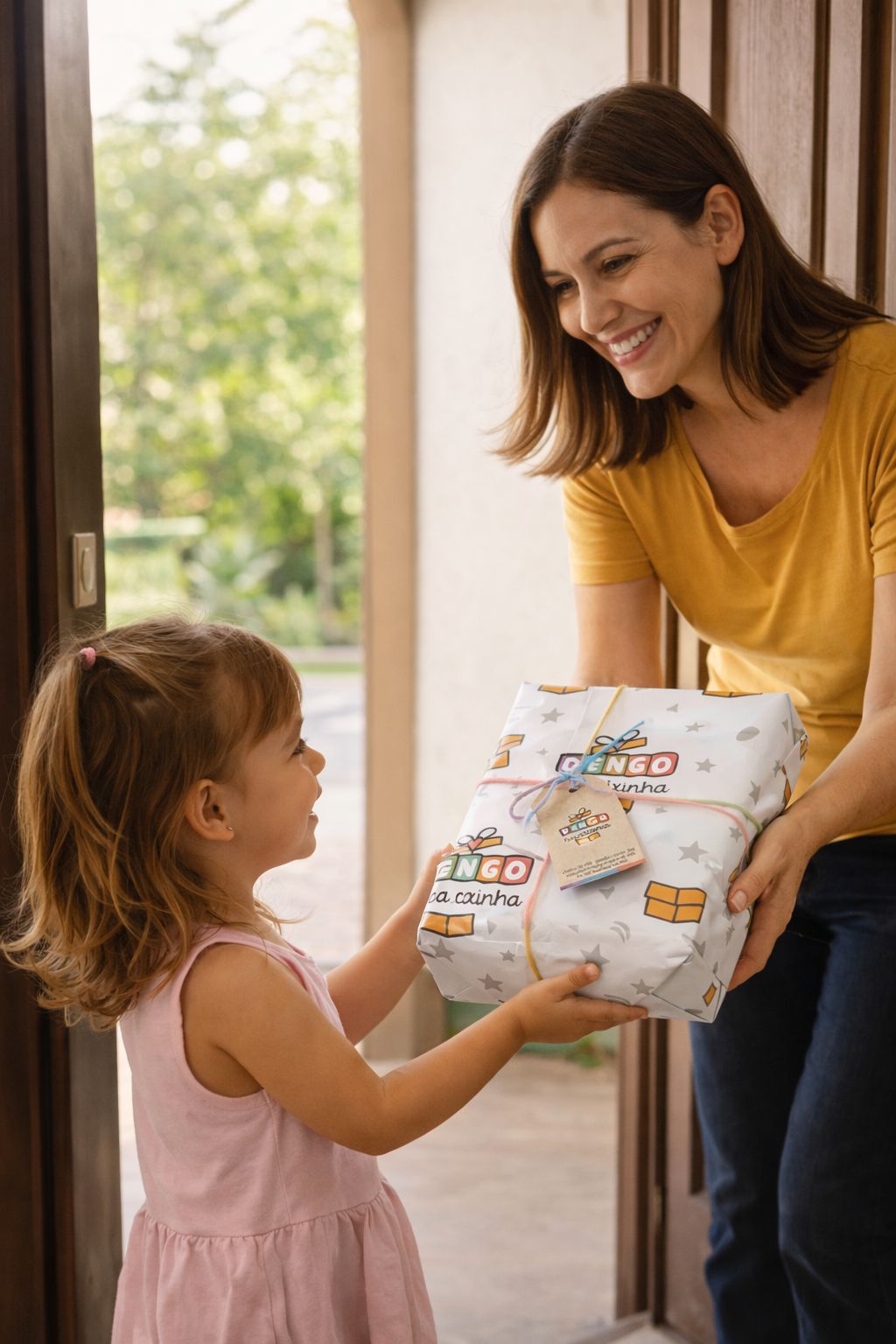 Tia entregando uma caixinha Dengo para criança